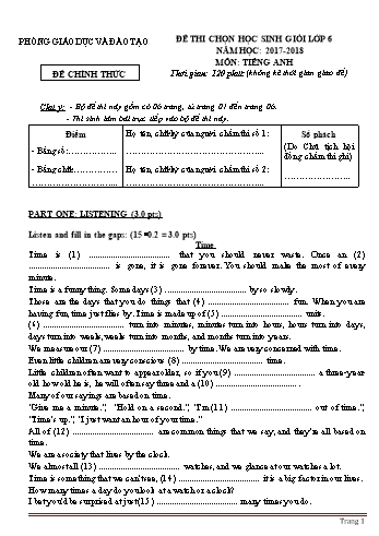 Đề thi chọn học sinh giỏi môn Tiếng Anh Lớp 6 - Năm học 2017-2018 (Kèm file nghe)