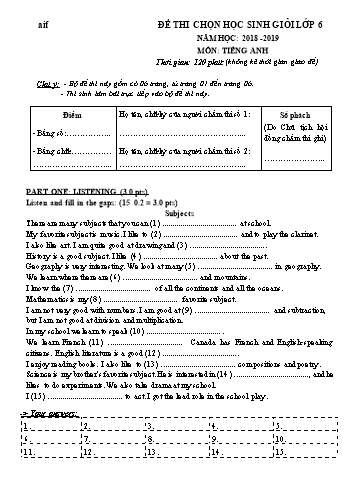 Đề thi chọn học sinh giỏi môn Tiếng Anh Lớp 6 - Năm học 2018-2019 (Có đáp án)