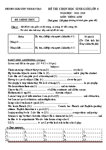 Đề thi chọn học sinh giỏi môn Tiếng Anh Lớp 6 - Năm học 2018-2019 (Kèm file nghe)