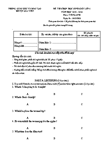 Đề thi chọn học sinh giỏi môn Tiếng Anh Lớp 6 - Năm học 2022-2023 - Phòng GD và ĐT Gia Viễn (Có đáp án)