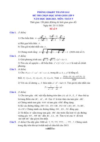 Đề thi chọn học sinh giỏi môn Toán Lớp 9 - Năm học 2020-2021 - Phòng GD và ĐT Thanh Oai (Có đáp án)