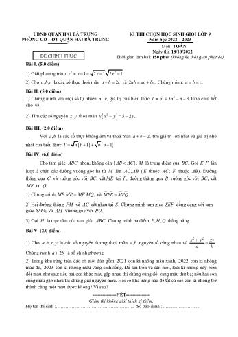 Đề thi chọn học sinh giỏi môn Toán Lớp 9 - Năm học 2022-2023 - Phòng GD và ĐT Hai Bà Trưng