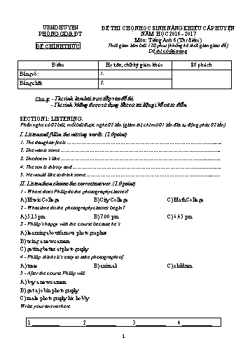 Đề thi chọn học sinh năng khiếu cấp huyện môn Tiếng Anh Lớp 6 (Thí điểm) - Năm học 2016-2017 (Có đáp án)