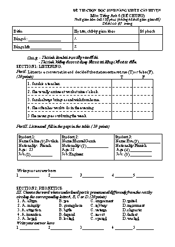 Đề thi chọn học sinh năng khiếu cấp huyện môn Tiếng Anh Lớp 6 (Có đáp án)