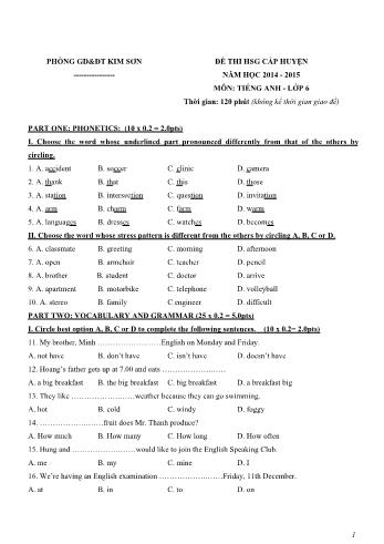 Đề thi học sinh giỏi cấp huyện môn Tiếng Anh Lớp 6 - Năm học 2014-2015 - Phòng GD và ĐT Kim Sơn (Có đáp án)