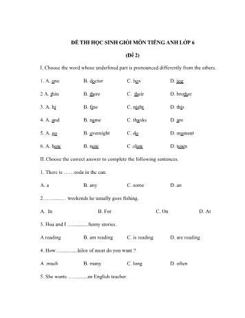 Đề thi học sinh giỏi môn Tiếng Anh Lớp 6 - Đề 2 - Năm học 2018-2019 (Có đáp án)