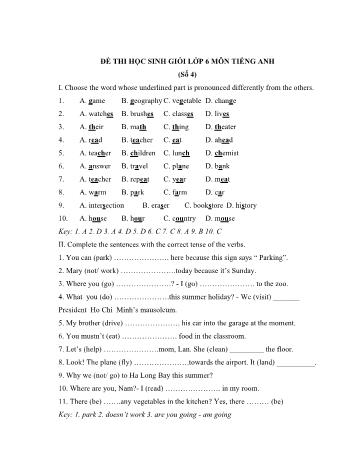 Đề thi học sinh giỏi môn Tiếng Anh Lớp 6 - Đề số 4 - Năm học 2018-2019 (Có đáp án)