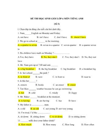 Đề thi học sinh giỏi môn Tiếng Anh Lớp 6 - Đề số 5 - Năm học 2018-2019