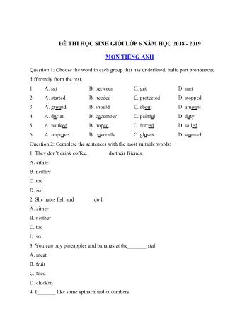 Đề thi học sinh giỏi môn Tiếng Anh Lớp 6 - Đề số 8 - Năm học 2018-2019 (Có đáp án)