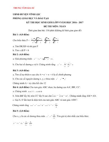 Đề thi học sinh giỏi môn Toán Lớp 9 - Năm học 2016-2017 - Phòng GD và ĐT Vĩnh Lộc (Có đáp án)