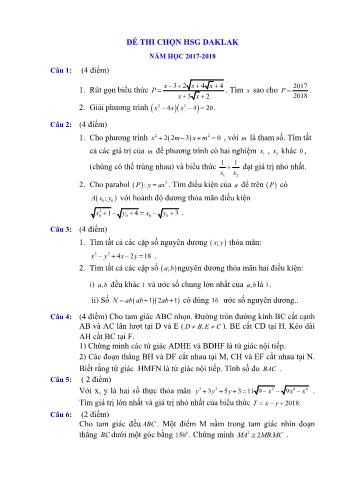 Đề thi học sinh giỏi môn Toán Lớp 9 - Năm học 2017-2018 - Sở GD và ĐT Đắk Lắk (Có đáp án)
