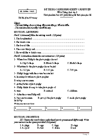 Đề thi học sinh năng khiếu cấp huyện môn Tiếng Anh Lớp 6 - Đề 11 (Kèm file nghe)