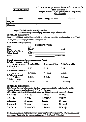 Đề thi học sinh năng khiếu cấp trường môn Tiếng Anh Lớp 6 - Đề số 2 (Kèm file nghe)