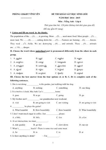 Đề thi khảo sát học sinh giỏi môn Tiếng Anh Lớp 6 - Năm học 2014-2015 - Phòng GD và ĐT Vĩnh Yên (Có đáp án)