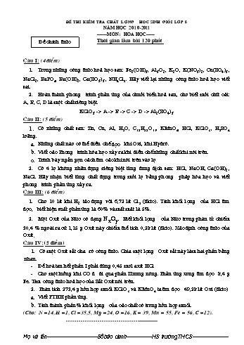 Đề thi kiểm tra chất lượng học sinh giỏi môn Hóa học Lớp 8 - Năm học 2010-2011