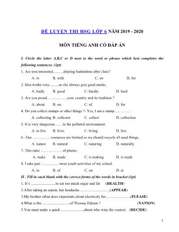 Đề thi thử chọn học sinh giỏi môn Tiếng Anh Lớp 6 - Đề số 4 - Năm học 2019-2020 (Có đáp án)