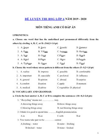 Đề thi thử chọn học sinh giỏi môn Tiếng Anh Lớp 6 - Đề số 6 - Năm học 2019-2020 (Có đáp án)