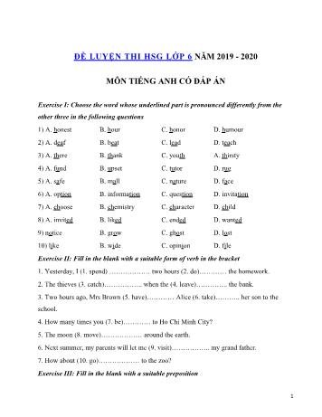 Đề thi thử chọn học sinh giỏi môn Tiếng Anh Lớp 6 - Đề số 7 - Năm học 2019-2020 (Có đáp án)