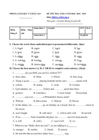 Đề thi thử học sinh giỏi huyện môn Tiếng Anh Lớp 6 - Năm học 2018-2019 (Có đáp án)