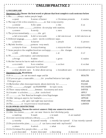 Đề thi thử học sinh giỏi môn Tiếng Anh Lớp 6 - Đề số 2 (Có đáp án)